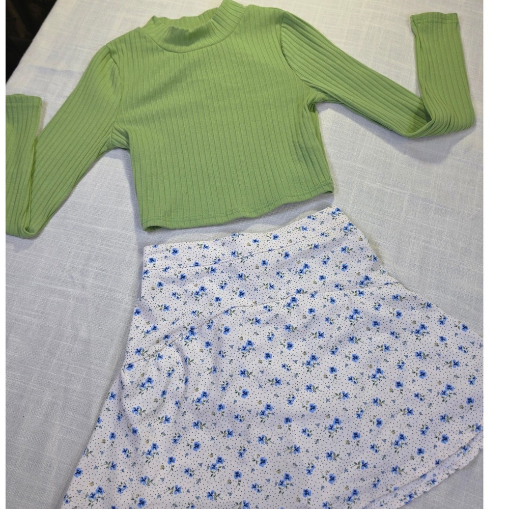 Princess Polly Crop Top & Altar'd State Floral Skirt Set Green Blue XS 0